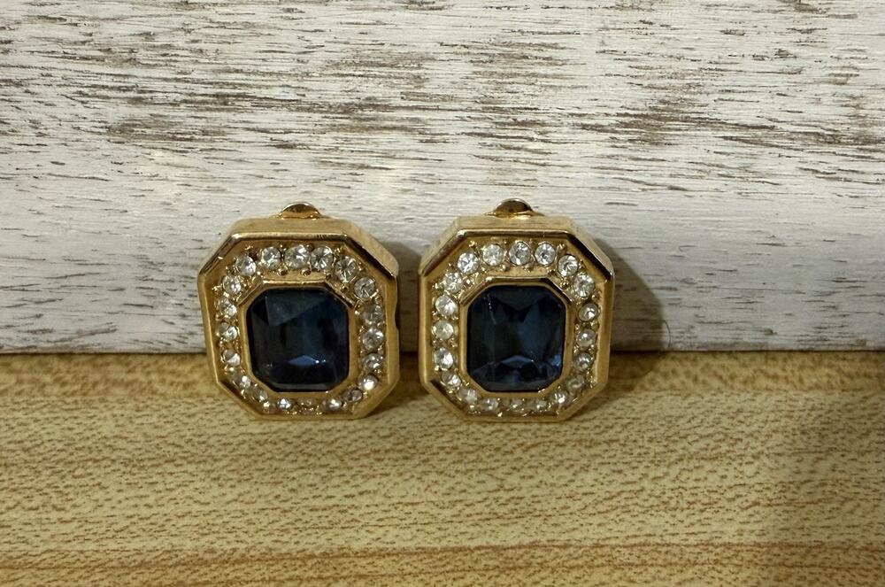 Vintage Christian Dior Blue Rhinestone Gold Tone Octagon Clip On Earrings 80s
